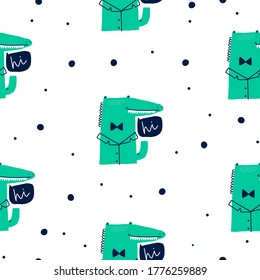 Baby seamless pattern with cute crocodile. Creative childish texture for fabric, wrapping, textile, wallpaper, apparel. Vector illustration. 