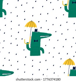 Baby seamless pattern with cute crocodile under an umbrella. Creative childish texture for fabric, wrapping, textile, wallpaper, apparel. Vector illustration.