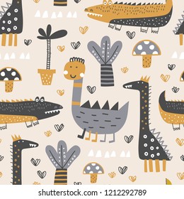 Baby seamless pattern with cute dino in exotic forest. Creative vector childish background for fabric, textile, nursery wallpaper. Vector Illustration.