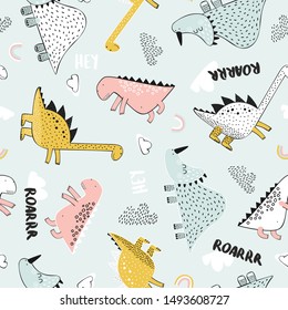 Baby seamless pattern with cute dinosaurs, clouds and rainbow. Hand drawn background for your design. Vector childish background for fabric, textile, nursery wallpaper.