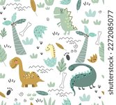Baby seamless pattern with cute dinosaurus, plants, eggs, bones. Creative vector childish background for fabric, textile, nursery wallpaper. Vector Illustration.