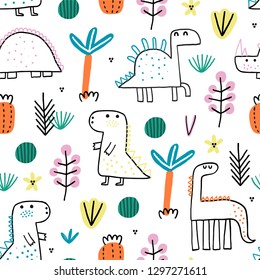 Baby seamless pattern with cute dinosaurus. Creative vector childish background for fabric, textile, nursery wallpaper. Vector Illustration.