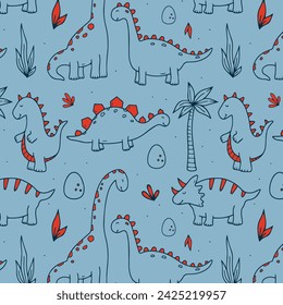 Baby seamless pattern with cute dinosaurus. Creative vector childish background for fabric, textile, nursery wallpaper. Vector Illustration.