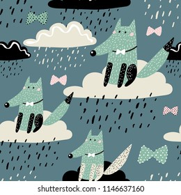 Baby seamless pattern - Cute dog on the cloud. Rainy weather. Perfect for kids fabric, textile, nursery wallpaper. Scandinavian style.