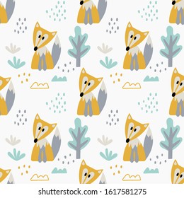Baby seamless pattern with Cute Fox . Trees, vegetation and Doodle elements. Childish Hand drawn vector background . Perfect for kids fabric, textile, decoration, wrapping paper.
