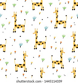Patrón de bebé sin costura con jirafa linda y flores dibujadas a mano. Textura infantil creativa para envolturas, textiles, papel pintado, ropa y tela. Fondo vectorial.