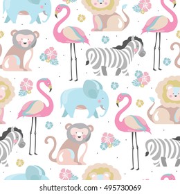 Baby seamless pattern with cute jungle animals and flowers