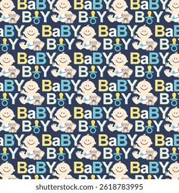 Baby seamless pattern with cute baby and lettering