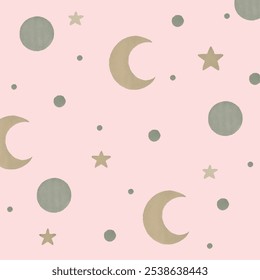 Baby nahtloses Muster. Niedlicher Mond und Stern auf rosafarbenem Hintergrund. Kreative skandinavische Kinder Textur für Stoff, Textil, Tapete, Kleidung.
