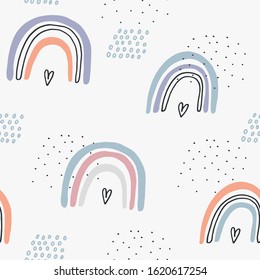 Baby seamless pattern: cute rainbows. Pink, yellow and gray. Vector Illustration for holiday designs, party, birthday, invitation.