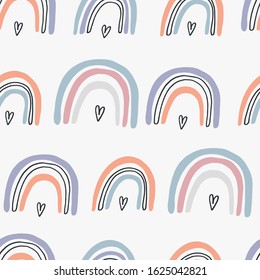 Baby seamless pattern: cute rainbows. Pink, yellow and gray. Vector Illustration for holiday designs, party, birthday, invitation.
