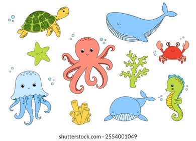 Baby seamless pattern with cute sea whale, octopus and turtle on white background for newborns. Ocean underwater animals