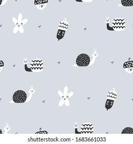Baby seamless pattern with cute snail, flower and acorn on a gray background. Creative childish texture for fabric, wrapping, textile, wallpaper, apparel. Vector illustration