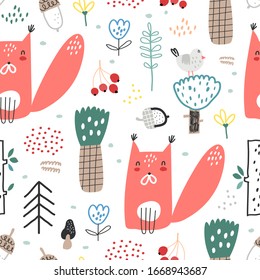 Baby seamless pattern with cute squirrels in the forest. Creative childish texture for fabric, wrapping, textile, wallpaper, apparel. Vector illustration