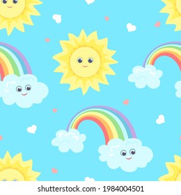 Baby seamless pattern with cute sun, rainbow and clouds. Cartoon blue sky. Children's background. Vector illustration in flat style.