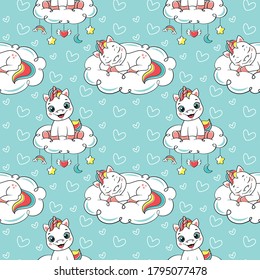 Baby seamless pattern. Seamless pattern with cute unicorns on blue background.