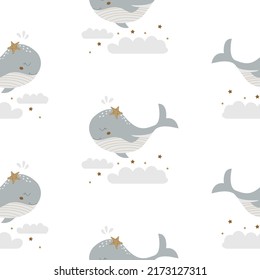 Baby seamless pattern with cute whales in the starry sky. Vector flat background for children room decoration, textiles, packaging. Ocean cute animals. Kids print Scandinavian style. Nursery design
