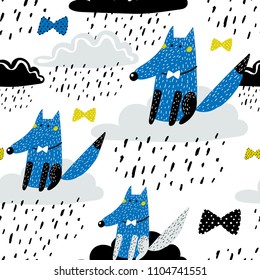 Baby seamless pattern - Cute wolf on the cloud. Rainy weather. Perfect for kids fabric, textile, nursery wallpaper. Scandinavian style.