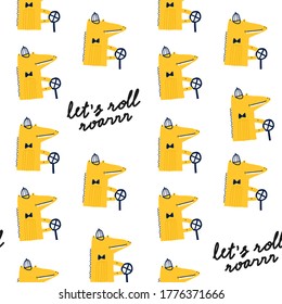 Baby seamless pattern with cute yellow crocodile driver. Creative childish texture for fabric, wrapping, textile, wallpaper, apparel. Vector illustration.