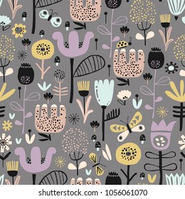 Baby nahtlose Muster mit dekorativen Blumen im skandinavischen Stil. Ideal für Kindergewebe, Textilien, Tapeten für Kindermädchen. Vektorgrafik.