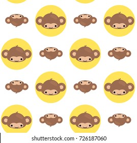 Baby seamless pattern design, Cute cartoon monkey head on white background illustration vector.