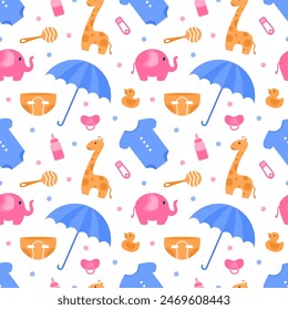 Baby Seamless Pattern Design, A Set of Simple Decorative Elements in a Hand Drawn on Style Cartoon Flat Illustration Template 