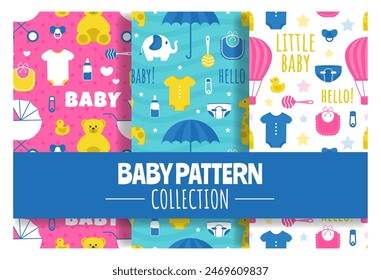 Baby Seamless Pattern Design, A Set of Simple Decorative Elements in a Hand Drawn on Style Cartoon Flat Illustration Template    