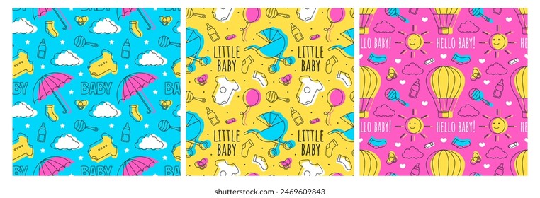 Baby Seamless Pattern Design, A Set of Simple Decorative Elements in a Hand Drawn on Style Cartoon Flat Illustration Template    