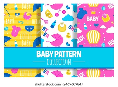Baby Seamless Pattern Design, A Set of Simple Decorative Elements in a Hand Drawn on Style Cartoon Flat Illustration Template    