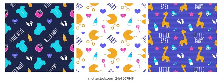 Baby Seamless Pattern Design, A Set of Simple Decorative Elements in a Hand Drawn on Style Cartoon Flat Illustration Template    
