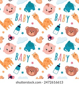 Baby nahtloses Muster Design, eine Reihe von einfachen dekorativen Elementen in einer Hand gezeichnet auf Stil Cartoon Flat Illustration Vorlage