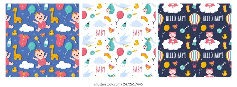 Baby nahtloses Muster Design, eine Reihe von einfachen dekorativen Elementen in einer Hand gezeichnet auf Stil Cartoon Flat Illustration Vorlage