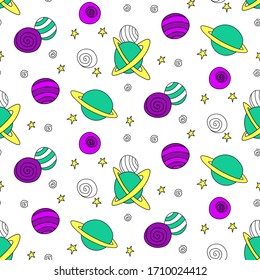 Baby seamless pattern. Different multi-colored cartoon planets and stars in space. Vector Cosmic background and texture. For kids design, fabric, wrapping paper, textile, apparel