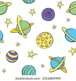 Baby seamless pattern. Different multicolored cartoon planets and stars in space. Vector Cosmic background and texture. For kids design, fabric, wrapping paper, textile, apparel
