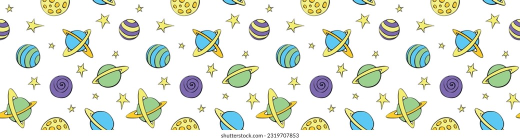 Baby seamless pattern. Different multicolored cartoon planets and stars in space. Vector Cosmic background and texture. For kids design, fabric, wrapping paper, textile, apparel