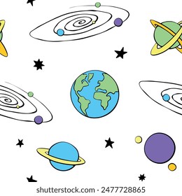 Baby seamless pattern. Different multicolored cartoon planets and stars in space. Vector Cosmic background and texture. For kids design, fabric, wrapping paper, textile, apparel