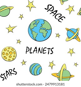 Baby seamless pattern. Different multicolored cartoon planets and stars in space. Vector Cosmic background and texture. For kids design, fabric, wrapping paper, textile, apparel