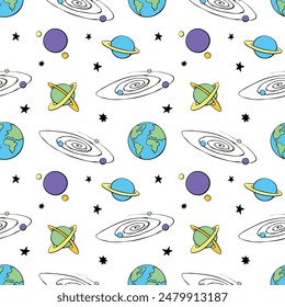 Baby seamless pattern. Different multicolored cartoon planets and stars in space. Vector Cosmic background and texture. For kids design, fabric, wrapping paper, textile, apparel