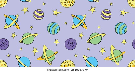 Baby seamless pattern. Different multicolored cartoon planets and stars in space. Vector Cosmic background and texture. For kids design, fabric, wrapping paper, textile, apparel