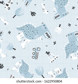 Baby seamless pattern with dinosaur, cars and trees. Childish dino pattern. Vector illustration. Blue background,