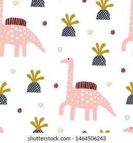 Baby seamless pattern with dinosaur and tropical leaves and flowers. Perfect for kids fabric, textile, nursery wallpaper. Cute dino design. Vector illustration.