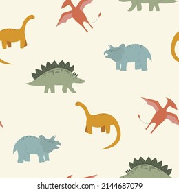 Baby seamless pattern with dinosaurs. Funny flat animals. Colorful childish print with Dino. Creative vector background in Scandinavian style. Cute cartoon dinosaurs