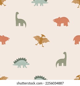 Patrón de bebé sin soldadura con dinosaurios. Animales planos divertidos. Huella infantil colorida con Dino. Fondo vectorial creativo al estilo escandinavo. Dinosaurios de dibujos animados. Diseño del vivero Boho