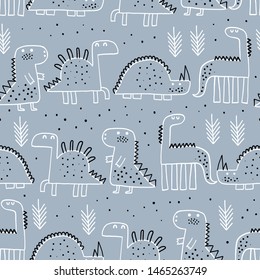 Baby seamless pattern with dinosaurs and tropical plants. Great for fabric, textile Vector Illustration. Scandinavian style.