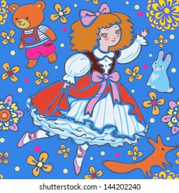 Baby seamless pattern with doll, toys and flowers. Vector design