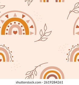 Baby seamless pattern drawn in Bohemian gender neutral colors. Colorful rainbows, beautiful twigs and random dots on a beige background.