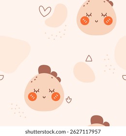 Baby seamless pattern drawn including dinosaur heads, hearts and tiny brown elements.