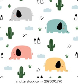 Baby seamless pattern elephant and cactus hand drawn Cute cartoon animal backgrounds used for fabric, textiles, print, wallpapers, Vector illustration
