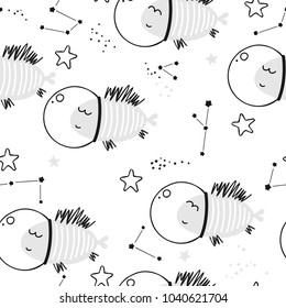 Baby seamless pattern - fish in the cosmic ocean. Flock of fish. Kids vector background.