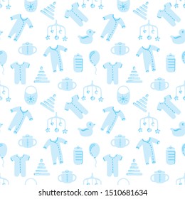 Baby seamless pattern. Flat style background. Newborn, child symbols